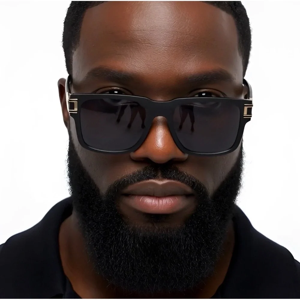 Mens Square Black Sunglasses Gold Metal Accent‎ Luxury Designer Style Shades New